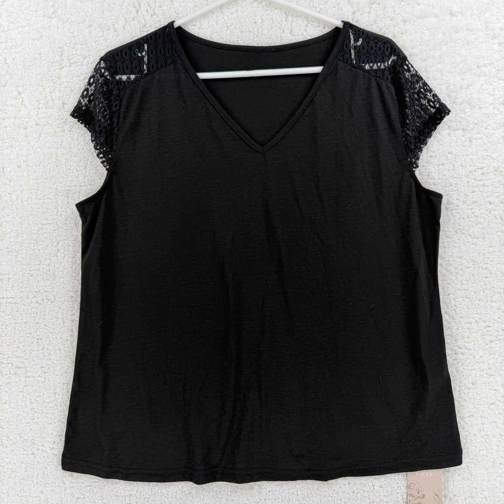 EMERY ROSE Shirt Womens XL Black Crochet Lace Cap Sleeve V Neck‎ Top Stretch NEW